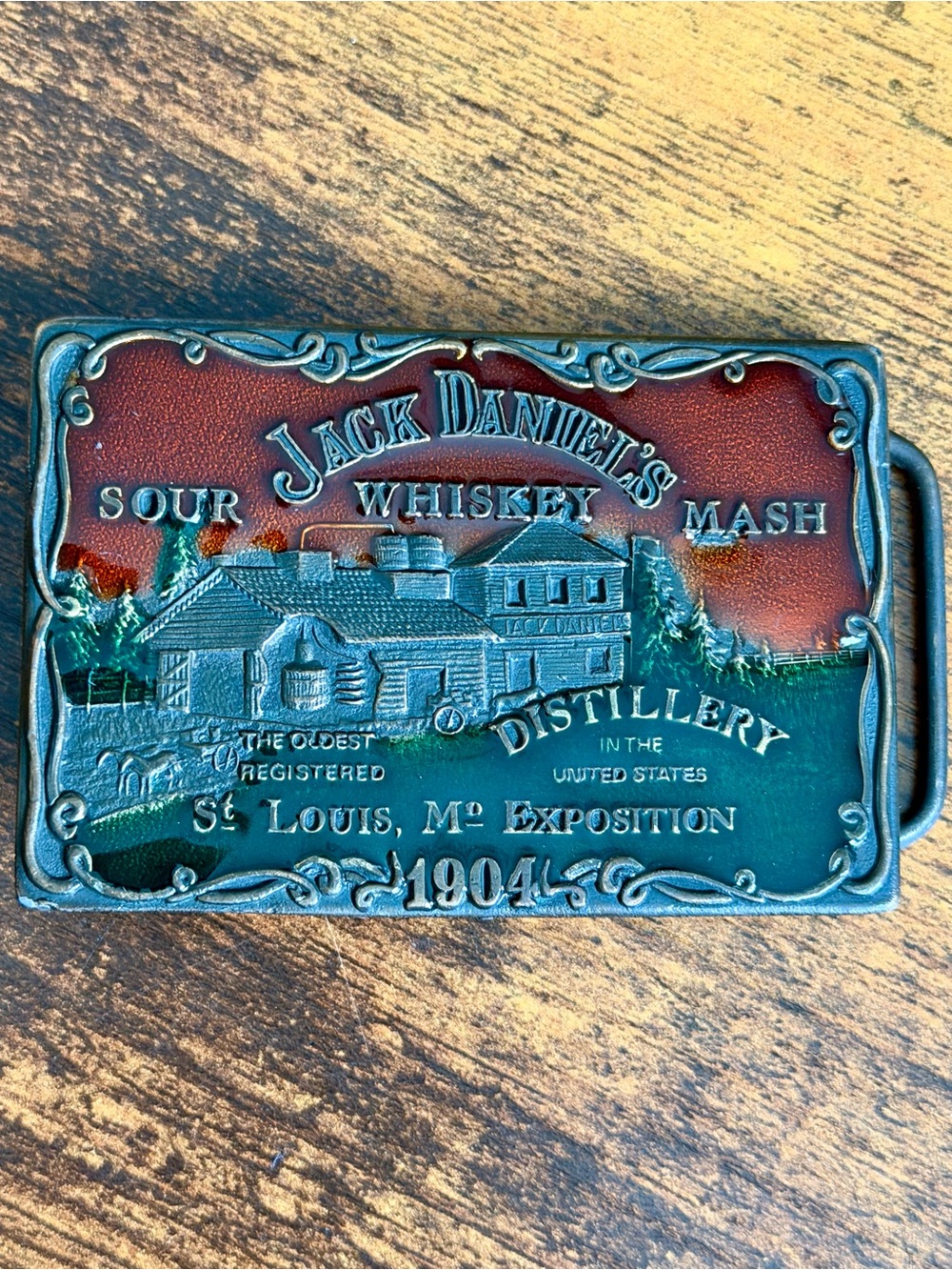 Vintage Jack Daniel’s Whiskey Enamel Belt Buckle 1904 St Louis Exposition